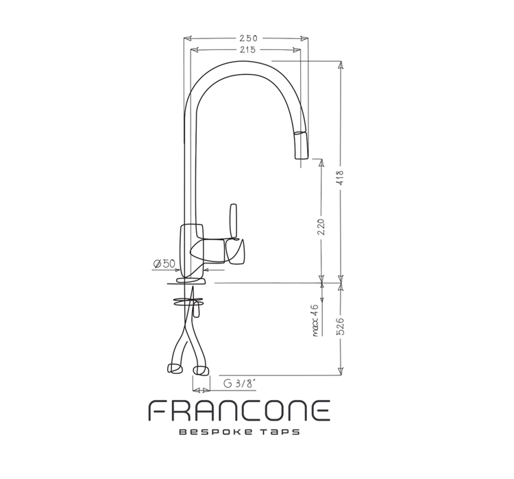 Technical drawing with dimensions for the Francone BT98 solid brass kitchen tap with pull-out mixer faucet.