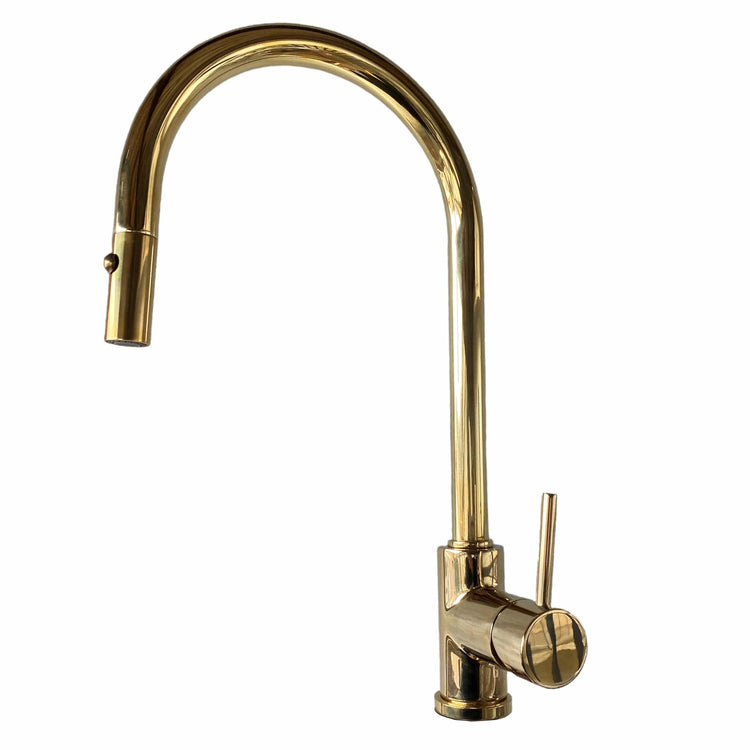 Francone BT98 unlacquered brass kitchen mixer tap with a pull-out spray faucet.