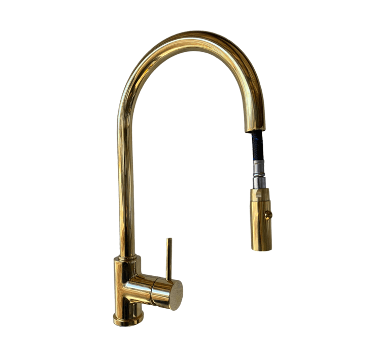 Francone BT98 unlacquered brass kitchen faucet with a pull-out spray mixer.
