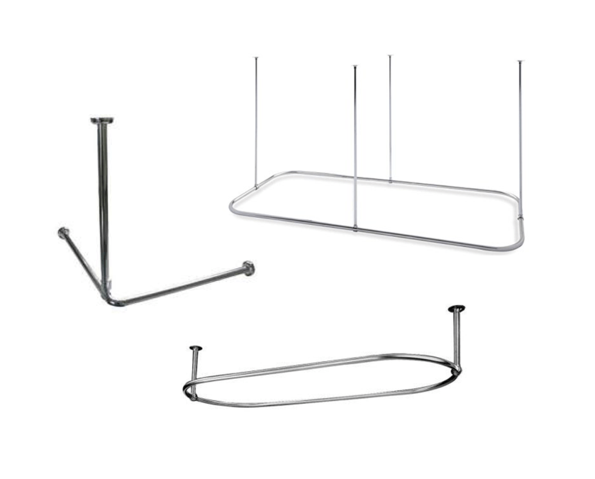 Francone BTA11 bespoke solid brass shower curatin rails in L-shaped, rectangular, and oval configurations.