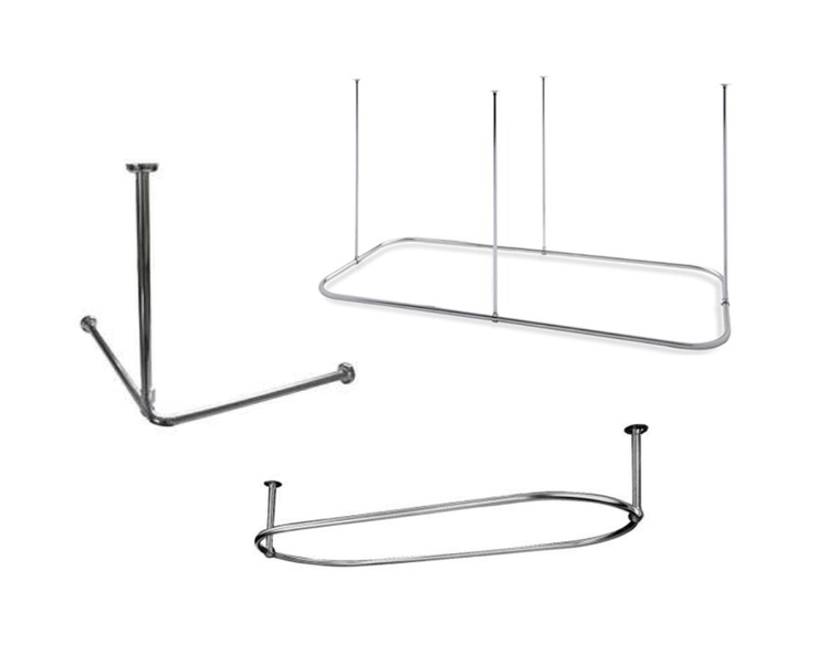 Francone BTA11 bespoke solid brass shower curatin rails in L-shaped, rectangular, and oval configurations.