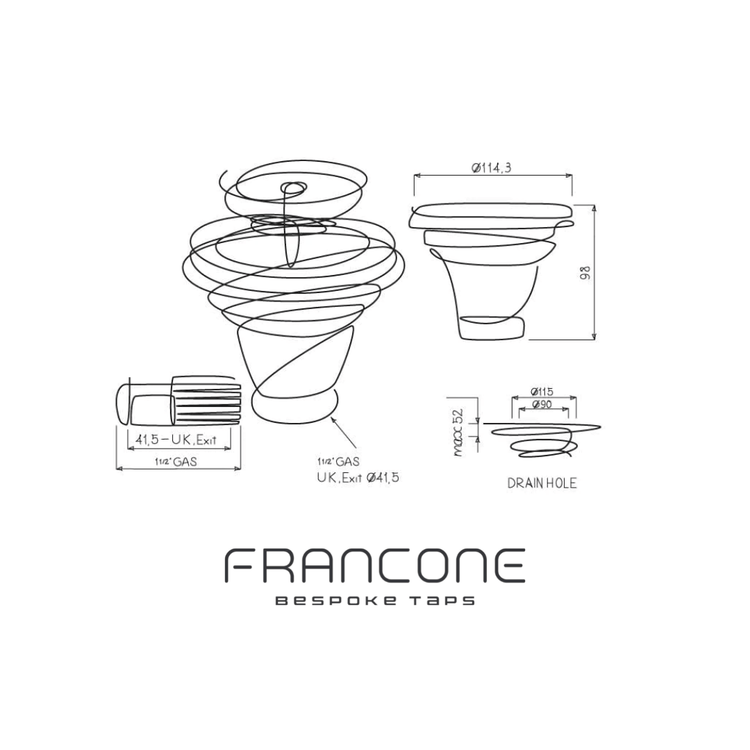 Technical drawing with dimensions for the Francone BTA18 solid brass basket strainer waste.