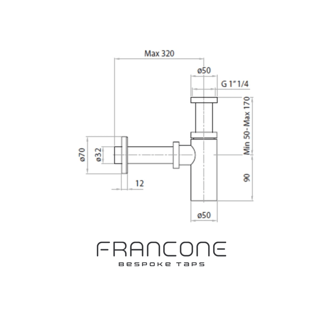 Technical drawing with dimensions for the Francone BTA19 solid brass bottle trap for bathrooms.