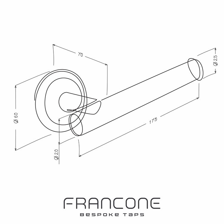 Technical drawing with dimensions for the Francone BTA20 solid brass wall-mounted toilet roll holder.