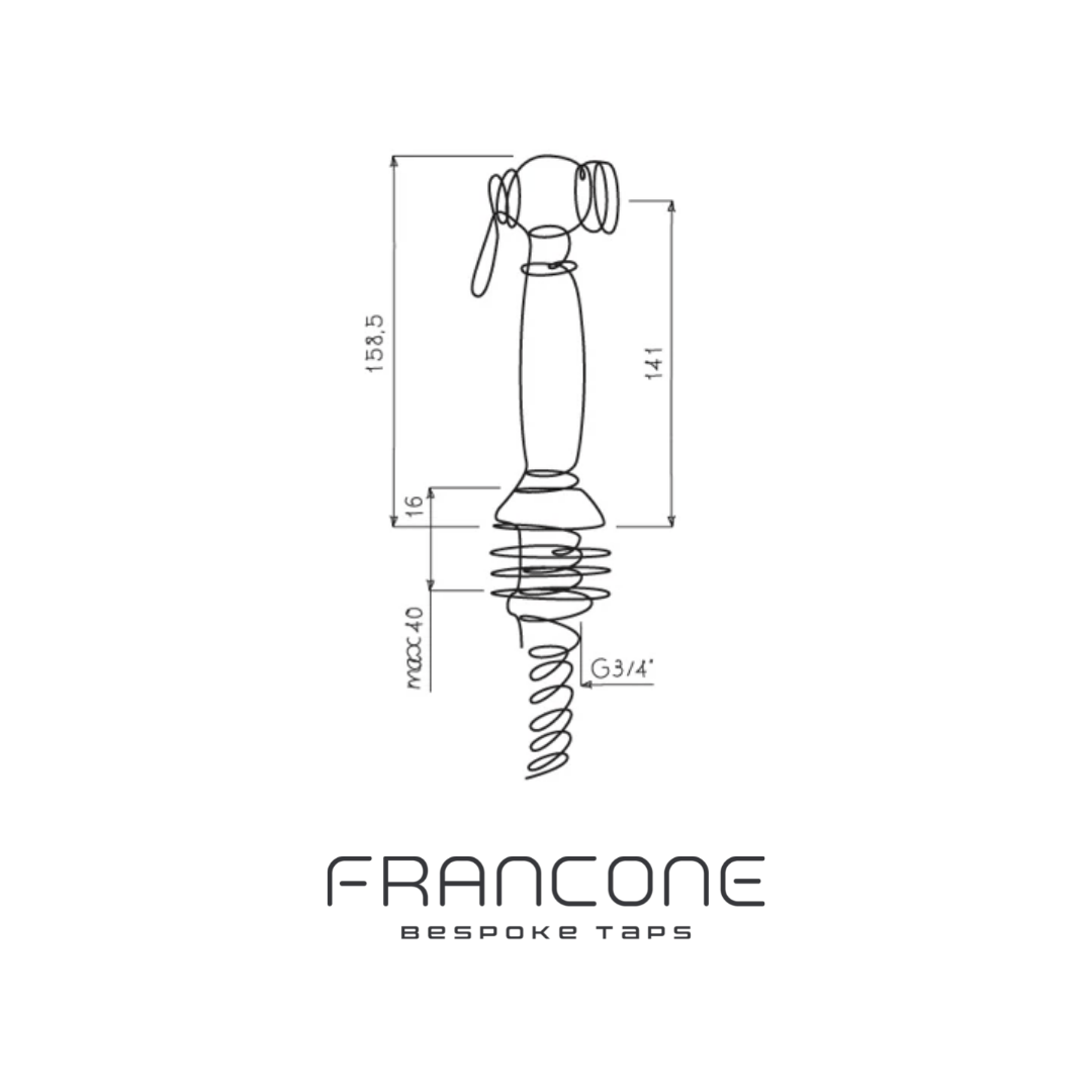 Technical drawing with dimensions for the Francone BTA22 solid brass pull-out spray.