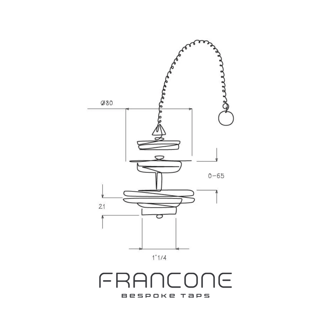 Technical drawing with dimensions for the Francone BTA3 traditional brass bathroom drain waste and plug.