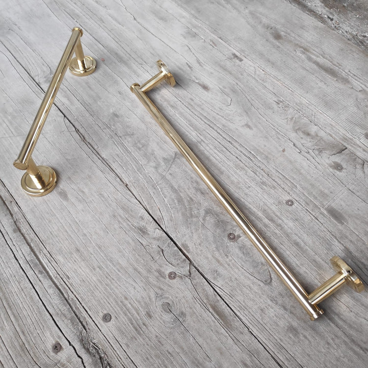 Two sizes of the Francone BTA31 solid brass bathroom towel rail, handcrafted for luxury interiors.