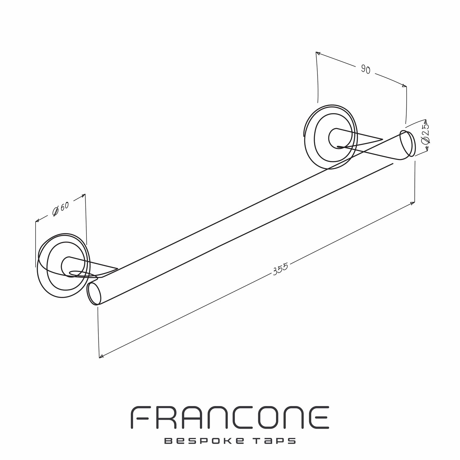 Technical drawing with dimensions for the Francone BTA31 solid brass bathroom towel rail.