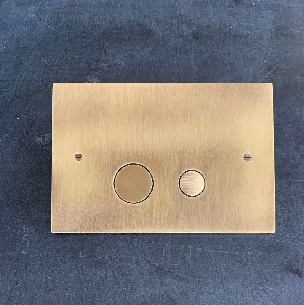 Francone BTA6 toilet dual flush plate for Geberit Sigma in unlacquered satin bronze, styled by Millie Turner.