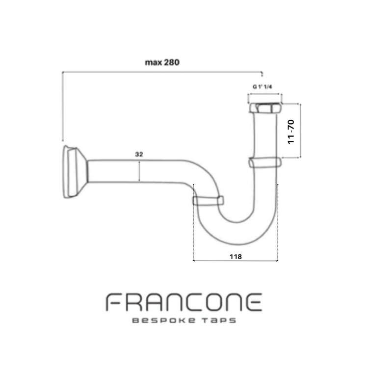 Technical drawing with dimensions for the Francone BTA9 traditional P-trap waste for bathroom basins.
