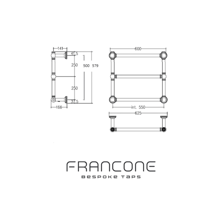 Technical drawing with dimensions for the Francone BTR10 electric three-bar heated towel rail.
