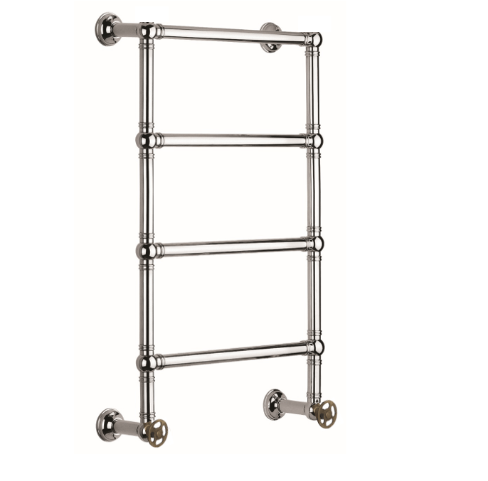Francone BTR11 traditional 4-bar plumbed heated towel rail with wheel valves in brass.