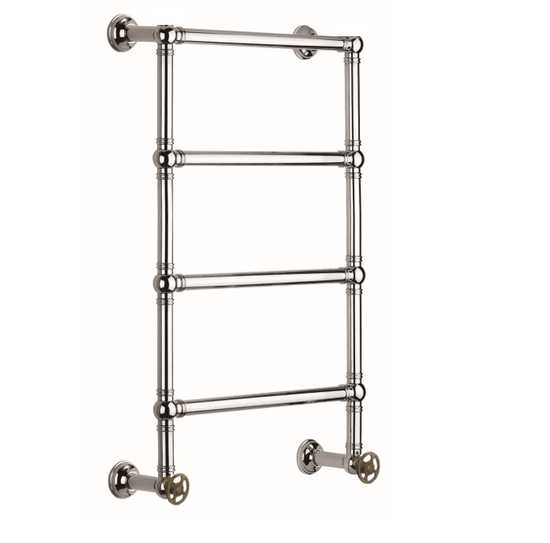 Francone BTR11 traditional 4-bar plumbed heated towel rail with wheel valves in brass.