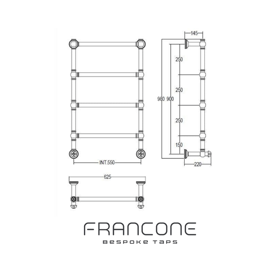 Technical drawing with dimensions for the Francone BTR11 plumbed-in solid brass heated towel rail.