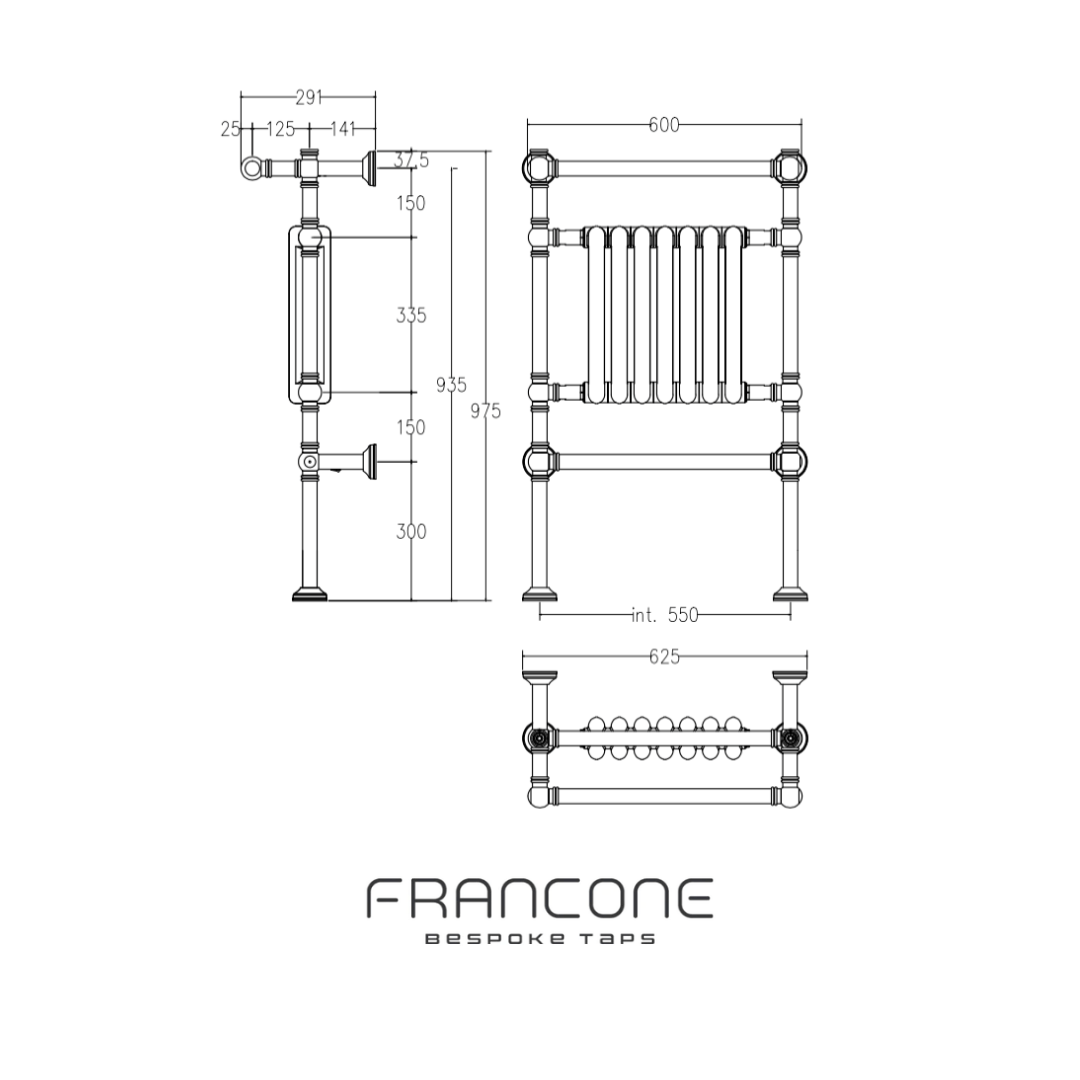 Technical drawing with dimensions for the Francone BTR12 floor and wall mounted heated towel rail in solid brass.