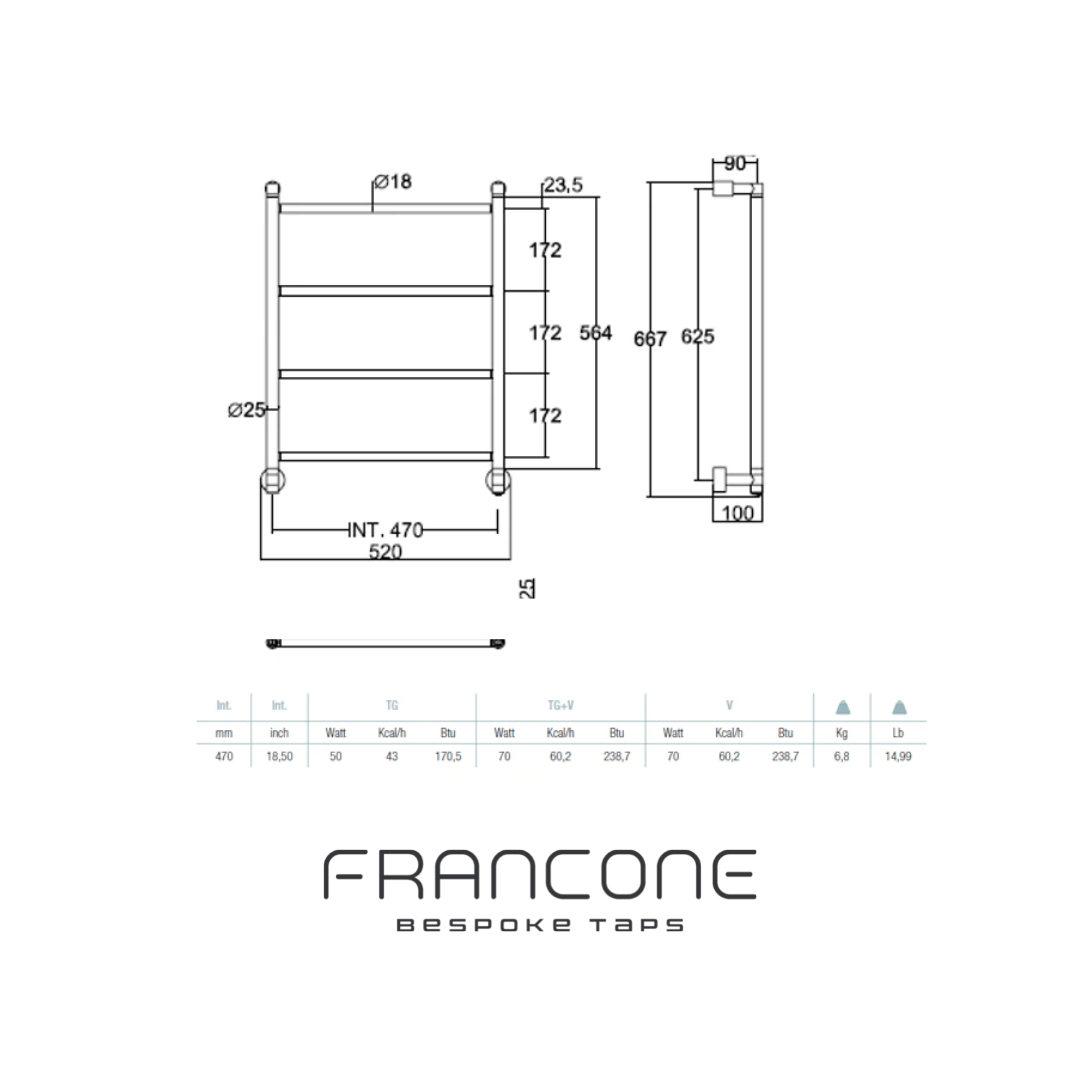 Technical drawing with dimensions for the Francone BTR13 solid brass electric heated towel rail with 4 bars.