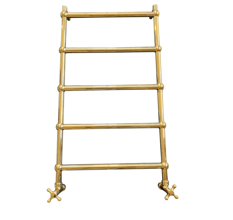 Francone BTR14 traditional five-bar plumbed heated towel rail in unlacquered brass.