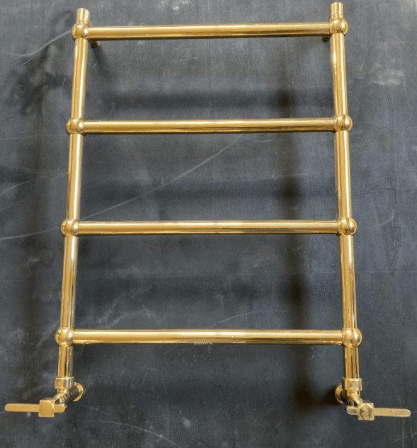 Traditional Francone BTR15 unlacquered brass heated towel rail with lever handles for luxury bathrooms.