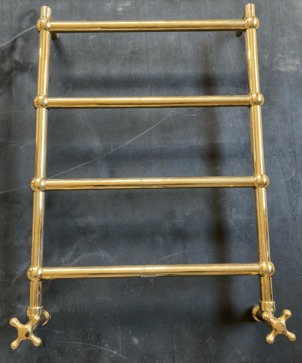 Francone BTR15 traditional unlacquered brass plumbed-in heated towel rail with crosshead handles.