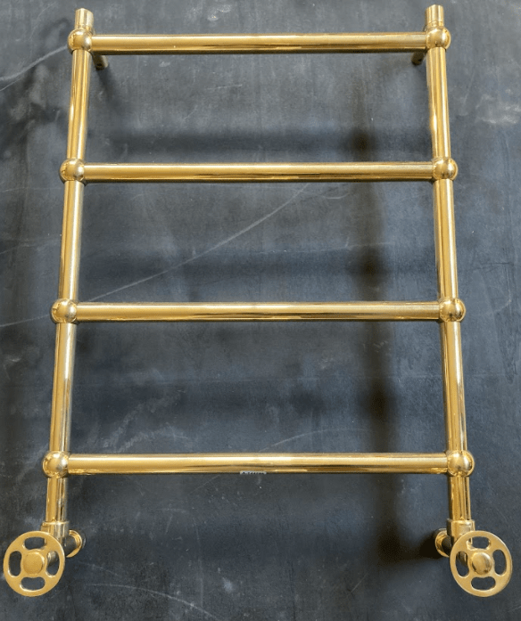 Francone BTR15 traditional unlacquered brass heated towel rail radiator with ornamental wheel valves.