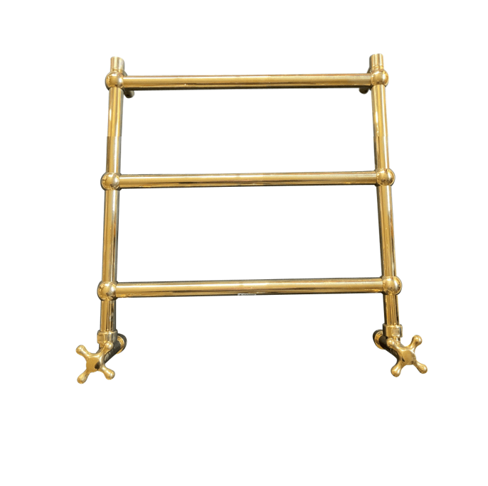 Francone BTR16 traditional three-bar plumbed heated towel rail in unlacquered brass.