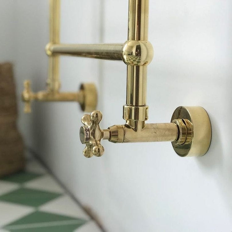 Close-up of the solid brass valve handle on a Francone BTR16 traditional heated towel rail.