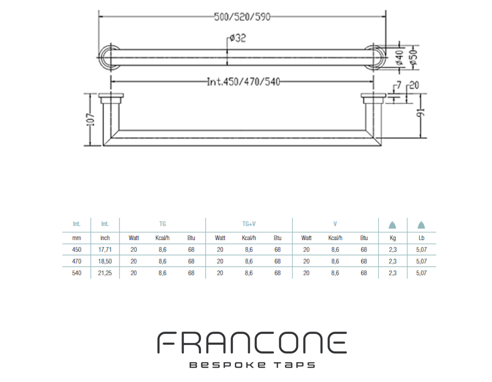 Technical drawing with dimensions for the Francone BTR18 solid brass electric heated towel rail.
