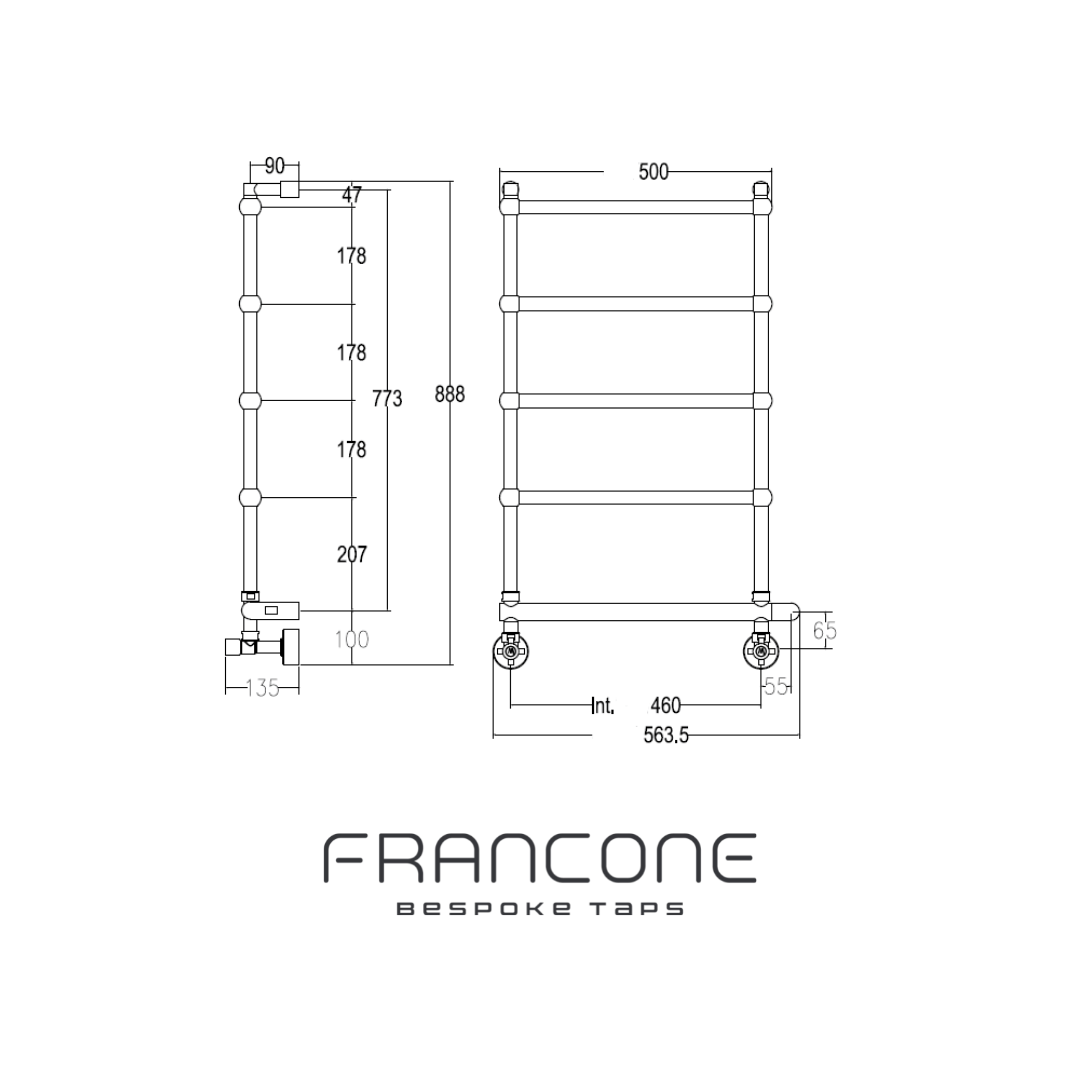 Technical drawing with dimensions for the Francone BTR19 solid brass traditional heated towel rail.