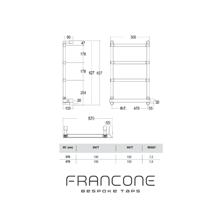 Francone BTR4 solid brass electric heated towel rail technical drawing with dimensions.