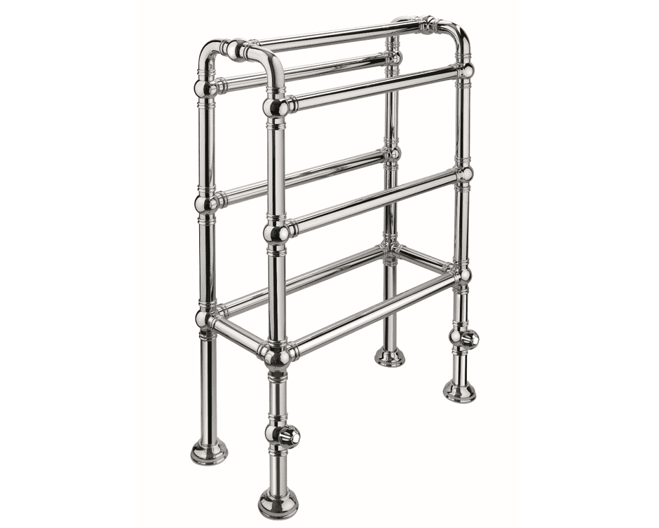 The Francone BTR7 traditional floor-mounted heated towel rail in a polished brass finish for luxury bathrooms.