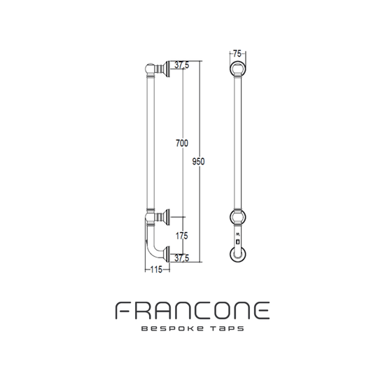 Technical drawing with dimensions for the Francone BTR9 electric vertical wall-mounted heated towel rail.