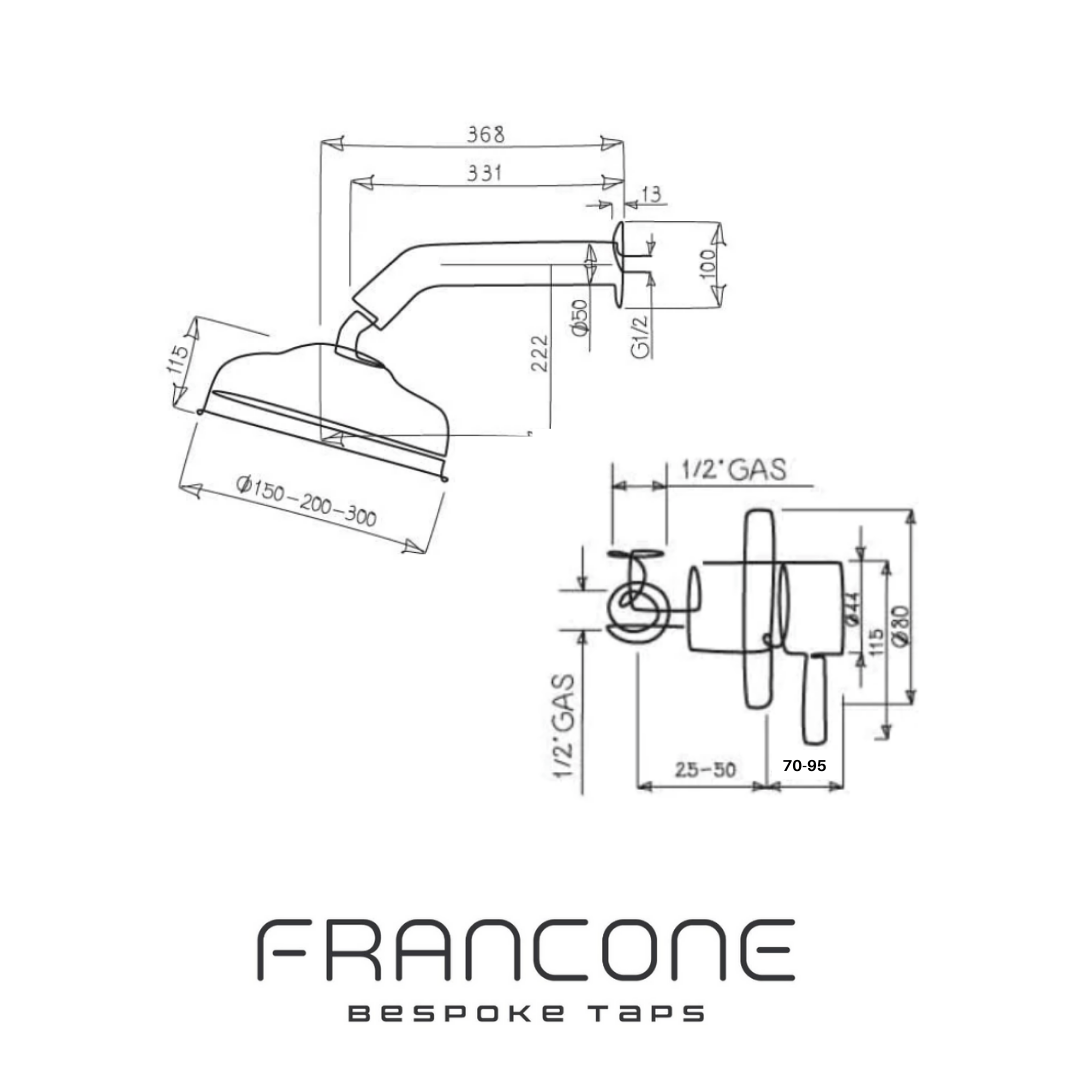 Technical drawing with dimensions for the Francone BTS11 wall-mounted shower and progressive mixer handle.