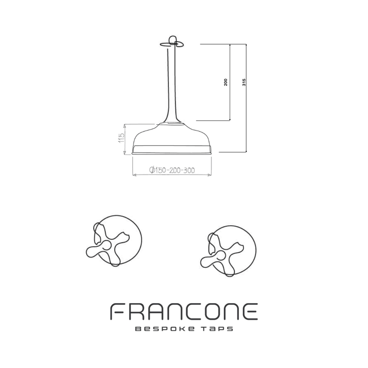 Technical drawing with dimensions for the traditional Francone BTS12 ceiling-mounted shower