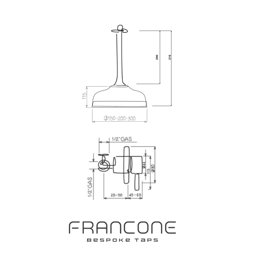 Technical drawing with dimensions for the Francone BTS17 bespoke bathroom ceiling mounted shower with mixer.