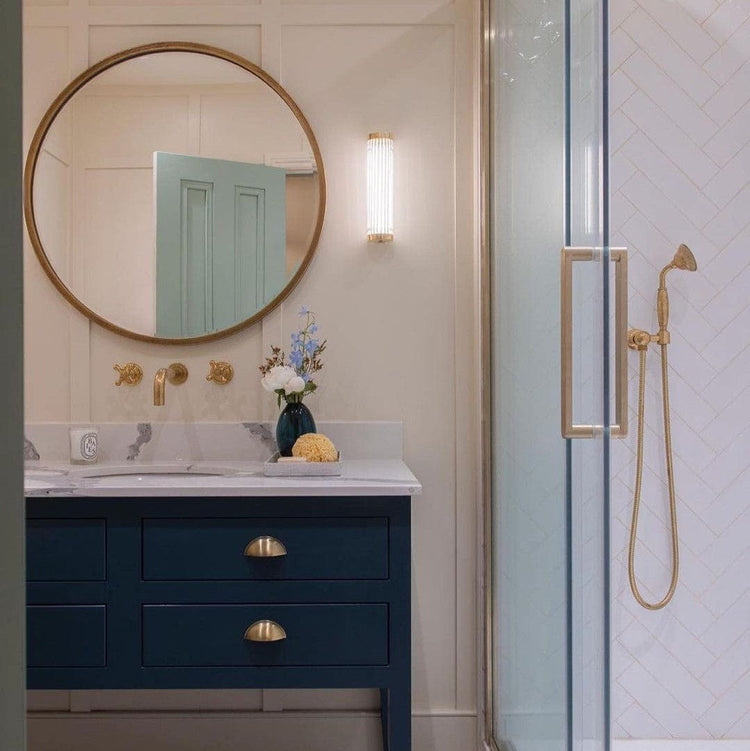 Francone BTS23 wall-mounted hand shower in unlacquered brass, installed in a tiled bathroom by Home at Brookes, photo by Megan Taylor.