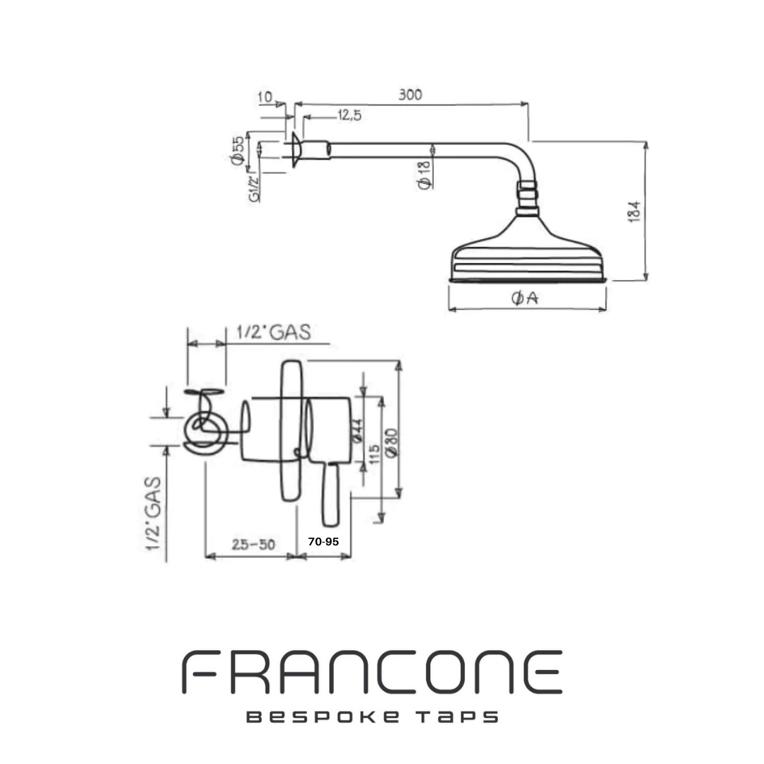 Technical drawing with dimensions for the Francone BTS28 wall-mounted shower set with a progressive mixer faucet.