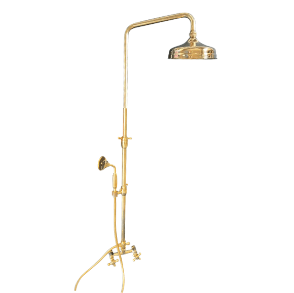 Traditional Francone BTS39 straight column shower with a hand shower in unlacquered brass.