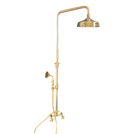 Traditional Francone BTS39 straight column shower with a hand shower in unlacquered brass.