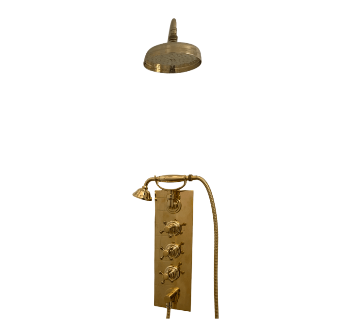 Francone BTS40 traditional concealed thermostatic shower with hand shower in solid unlacquered brass.