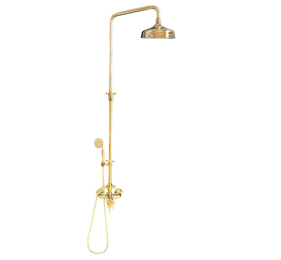 Traditional Francone BTS42 unlacquered brass exposed thermostatic column shower with an integrated hand shower.