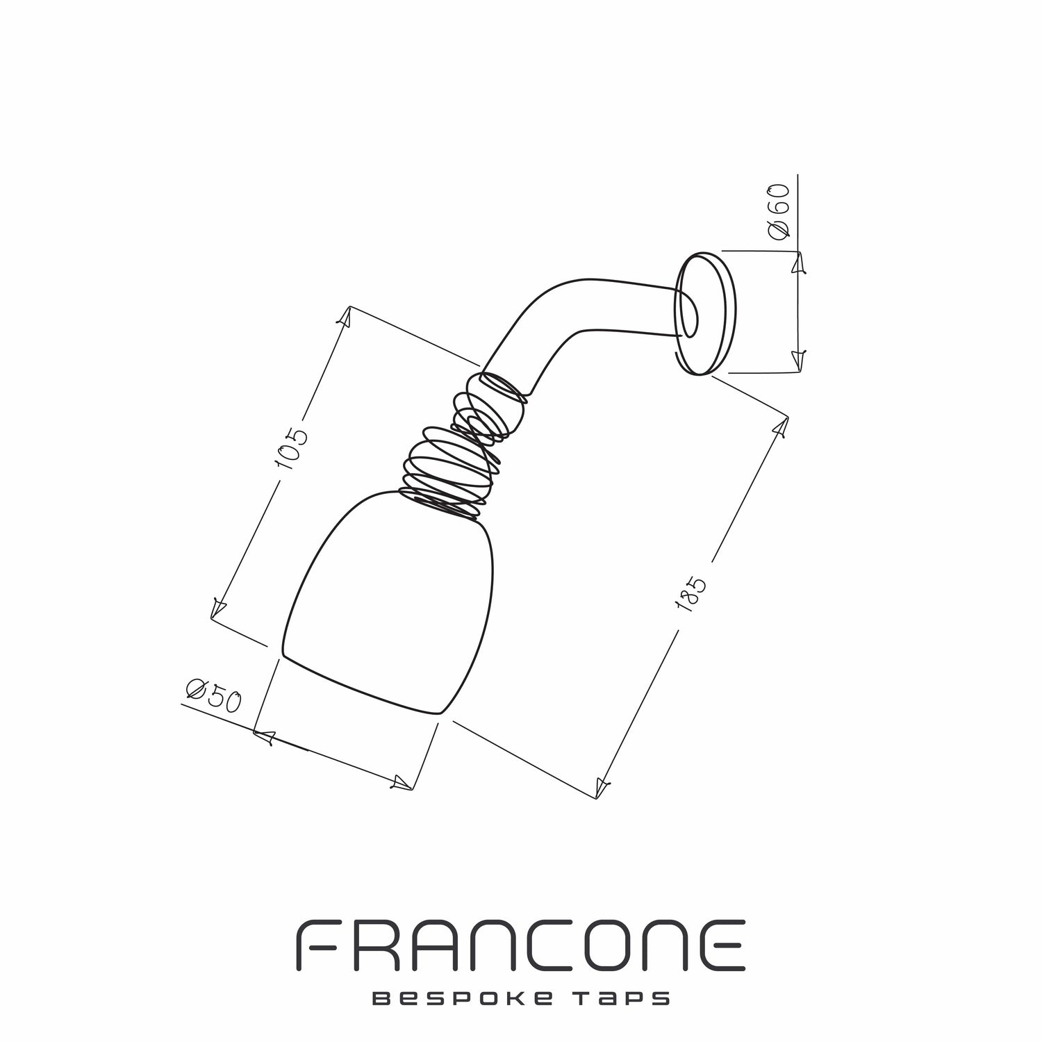 Technical drawing with dimensions for the Francone BTS50 solid brass wall-mounted shower head.