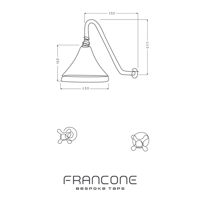 Technical drawing with dimensions for the Francone BTS54 solid brass classic wall-mounted shower with bell showerhead.