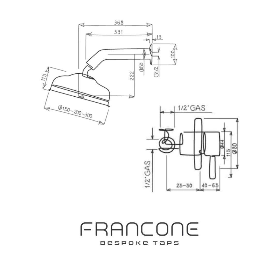 Technical drawing with dimensions for the Francone BTS7 bespoke wall-mounted bathroom shower faucet.