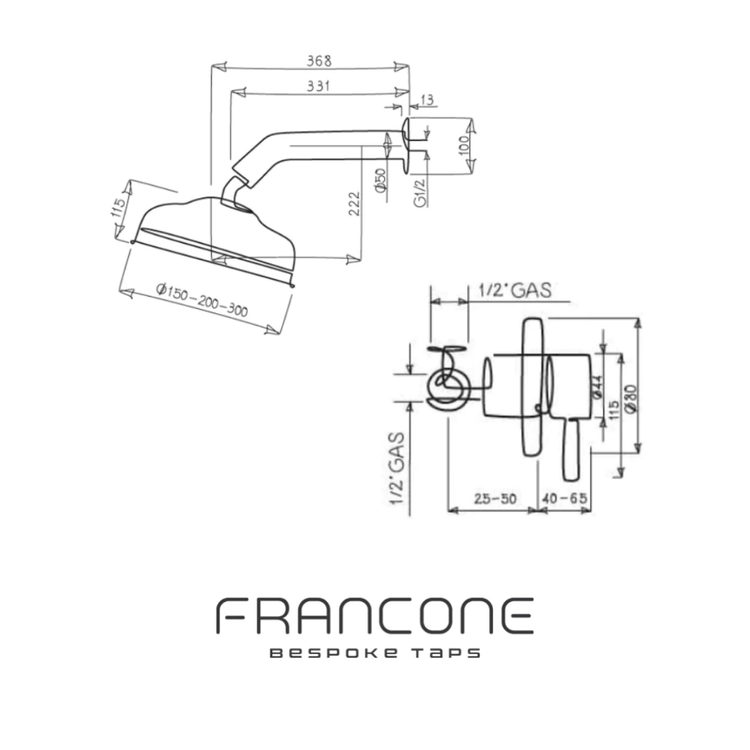 Technical drawing with dimensions for the Francone BTS7 bespoke wall-mounted bathroom shower faucet.