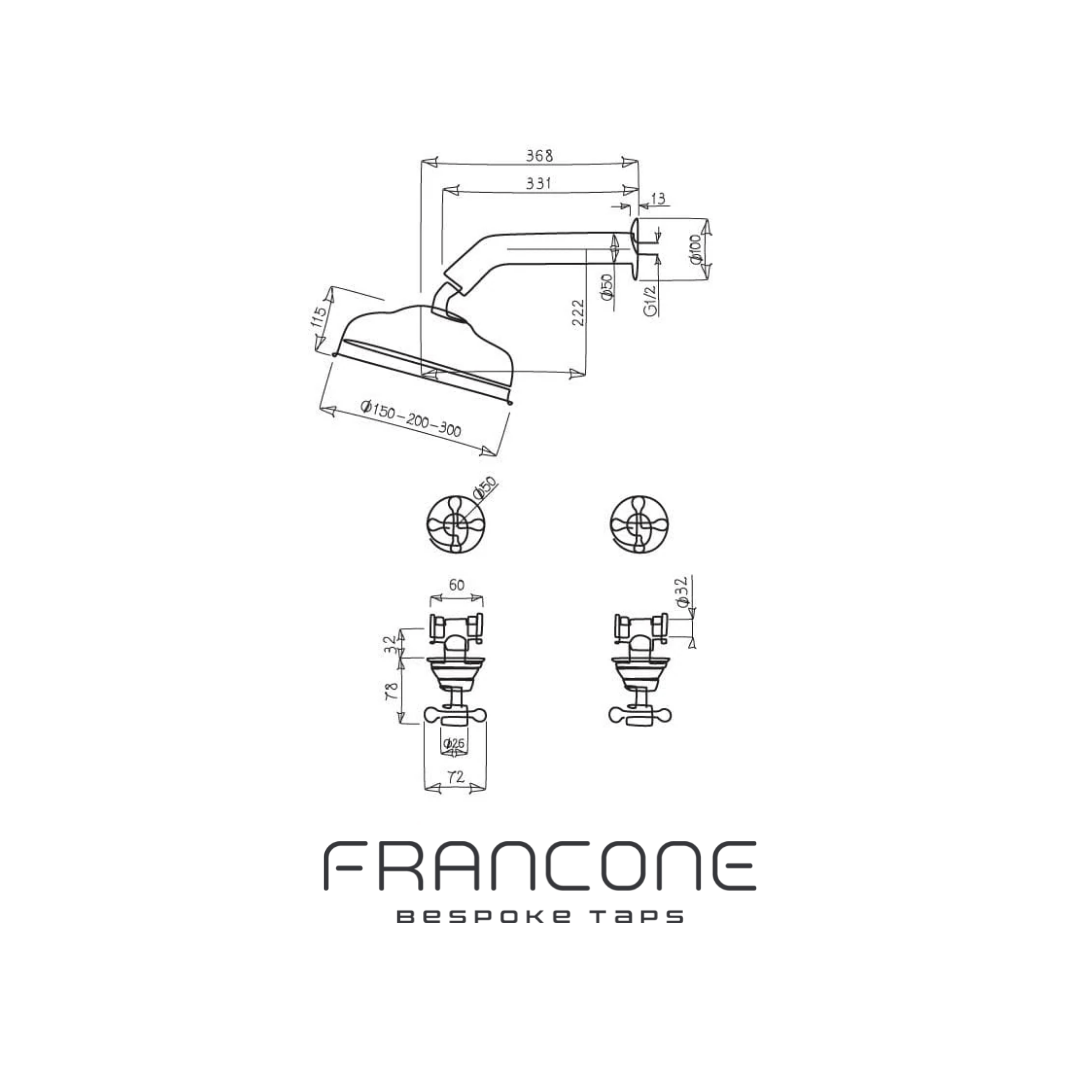 Technical drawing with dimensions for the Francone BTS9 traditional wall-mounted bathroom shower faucet set.