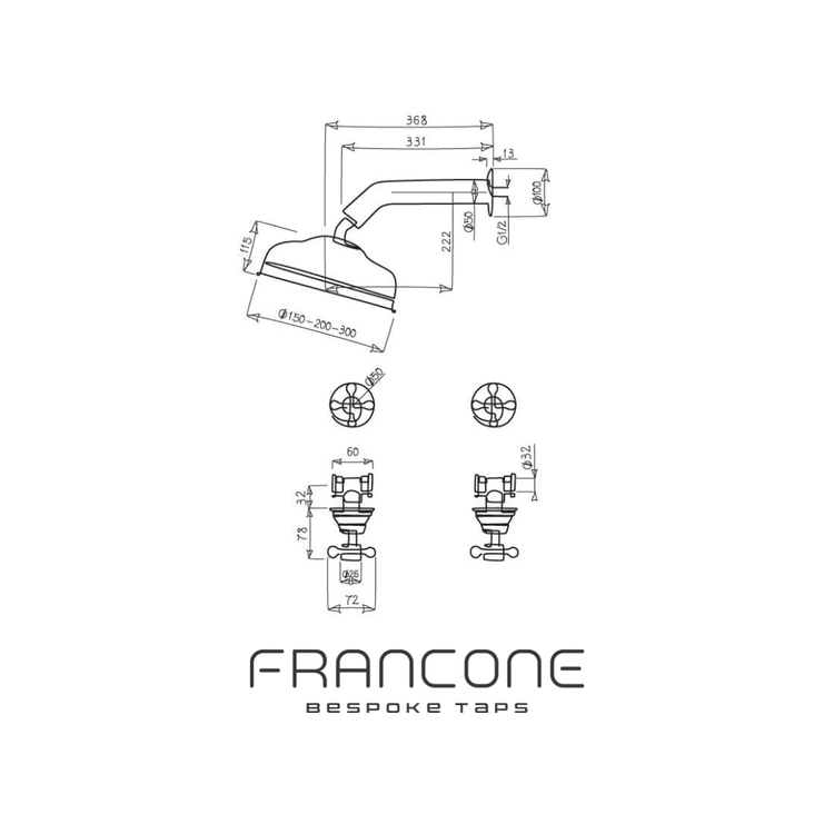 Technical drawing with dimensions for the Francone BTS9 traditional wall-mounted bathroom shower faucet set.