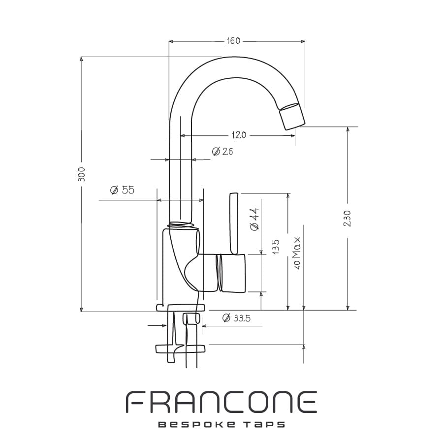 Technical drawing with dimensions for the Francone SJ-BT10 traditional solid brass basin mixer faucet.
